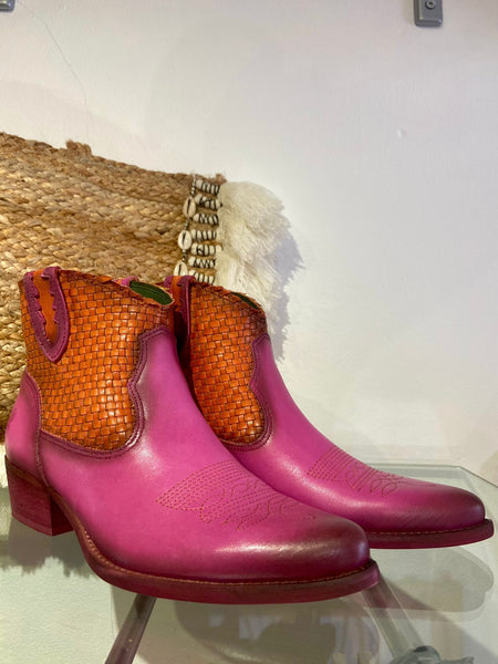 Two Tone Leather Ankle Cowboy Boot | Pink/Orange