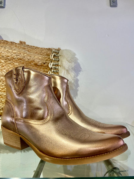 Classic Metallic Leather Ankle Cowboy Boot | Gold