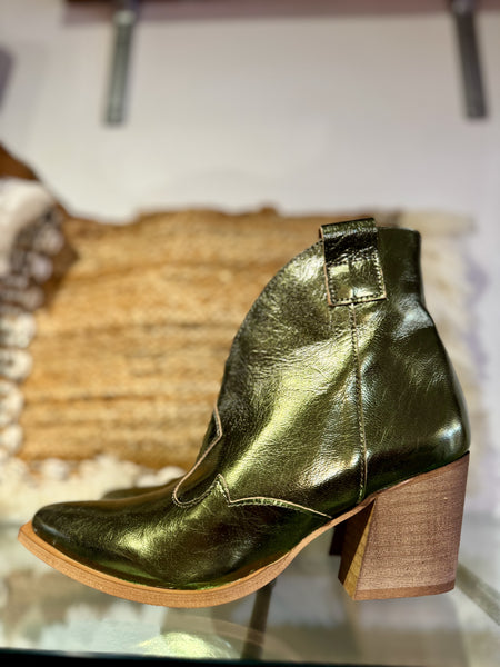 Metallic Heeled Short Cowboy Boot | 06106 | Olive Green