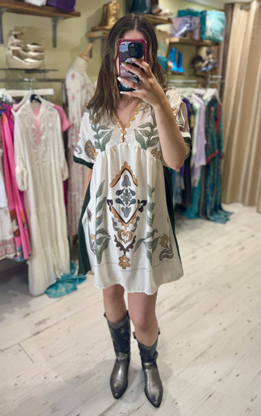 Anais Boho Printed Short Dress | Khaki