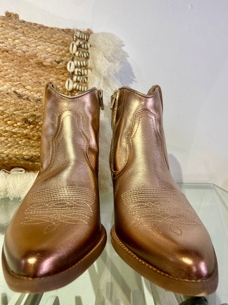 Classic Metallic Leather Ankle Cowboy Boot | Gold