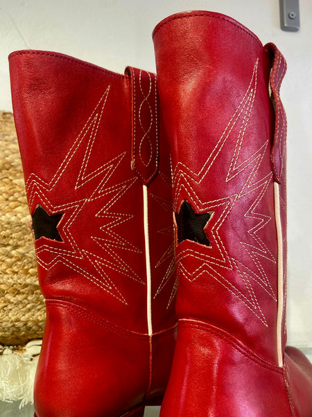 Long Leather Cowboy Boot | Red Multi