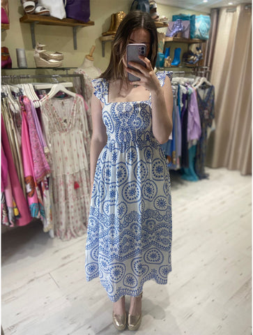 Evangeline Shirred Top Maxi Dress | Blue/White