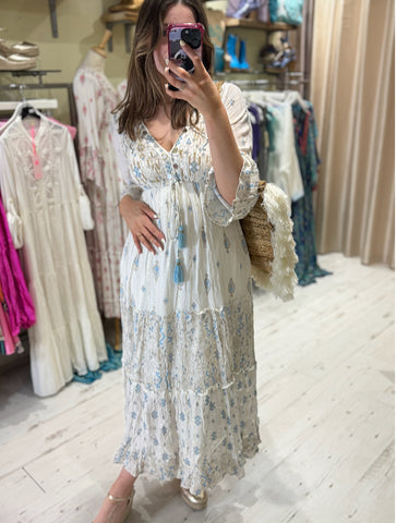 Ophelia Embellished Boho Maxi Dress | White/Pale Blue