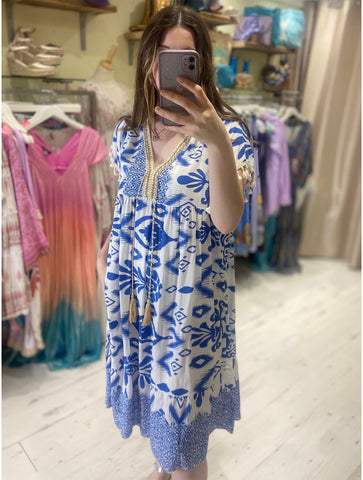 Sabrina Printed Tassel Sundress | Cornflower Blue