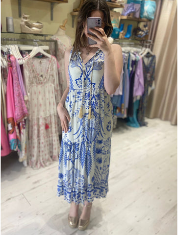 Lily Sleeveless Maxi Dress | Blue/White