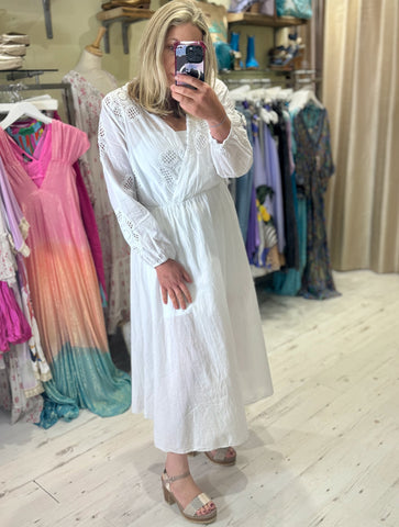 Faye Crochet Detail Cotton Midi Dress | White