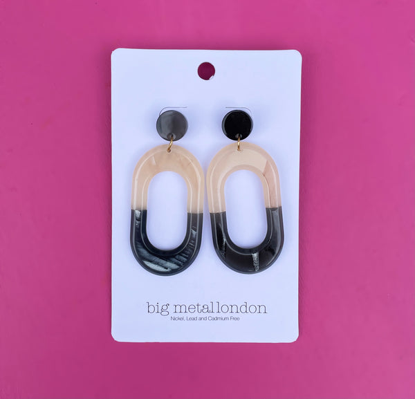 Two-Tone Black and Cream Resin Oval Earrings