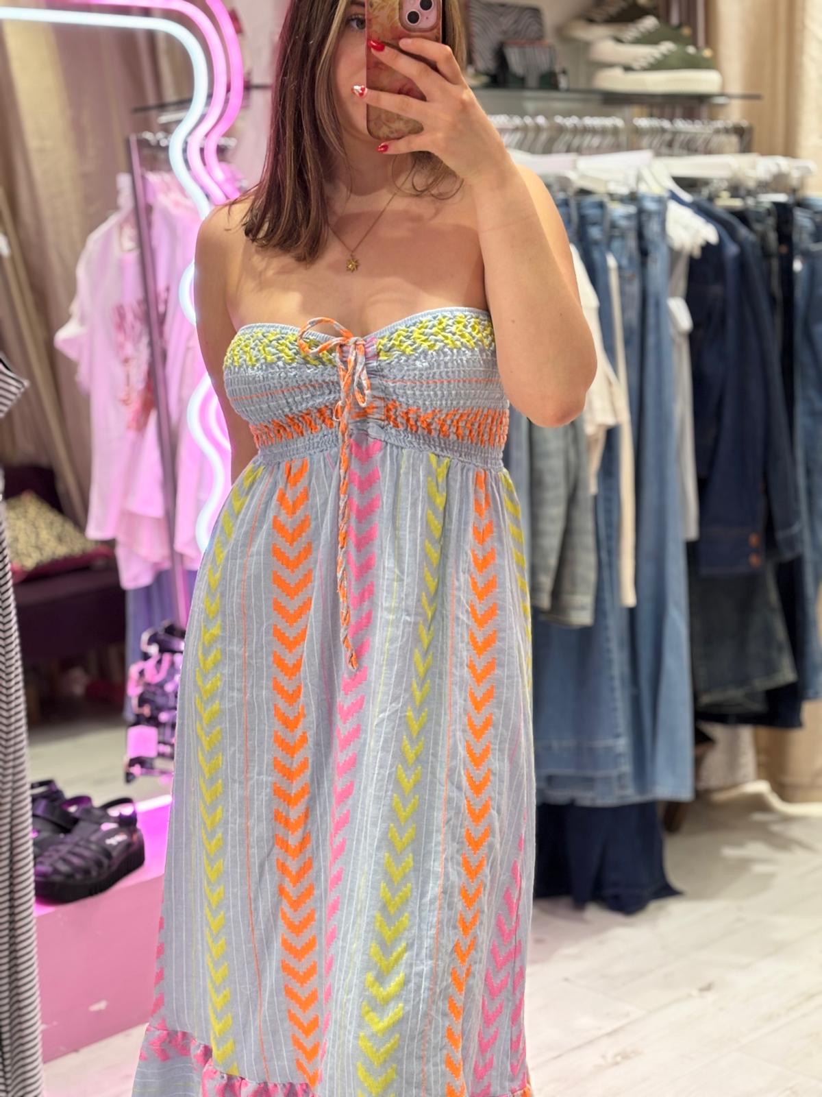 Geometric Print Boho Bandeau Dress | Blue Multi