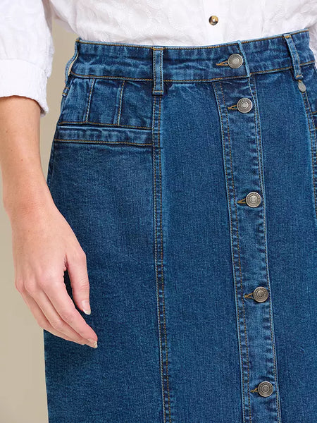 Button Front Denim Midi Skirt | Blue