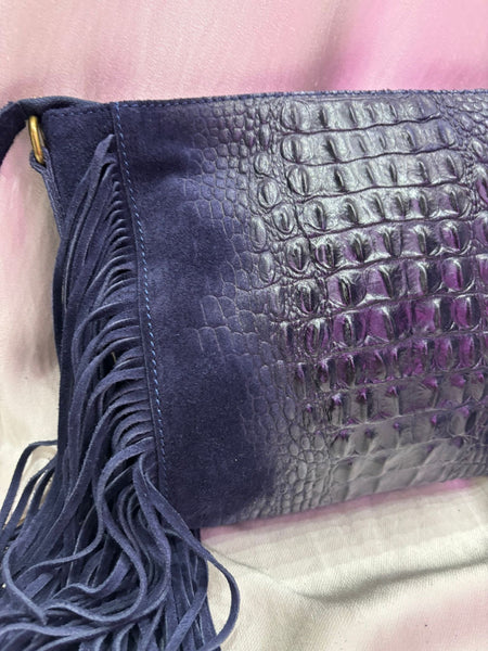 Leather Croc Detail Suede Tassel Crossbody Bag | Navy