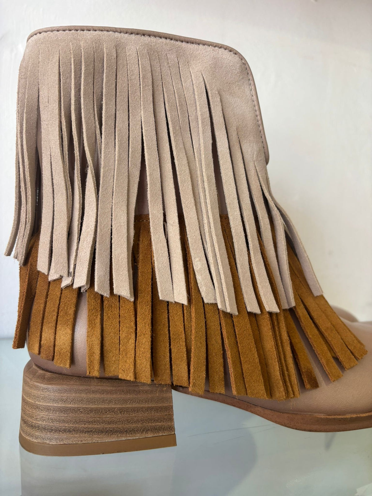 Felmini | Leather and Suede Fringed Flat Cowboy Boot | Plume/Sand