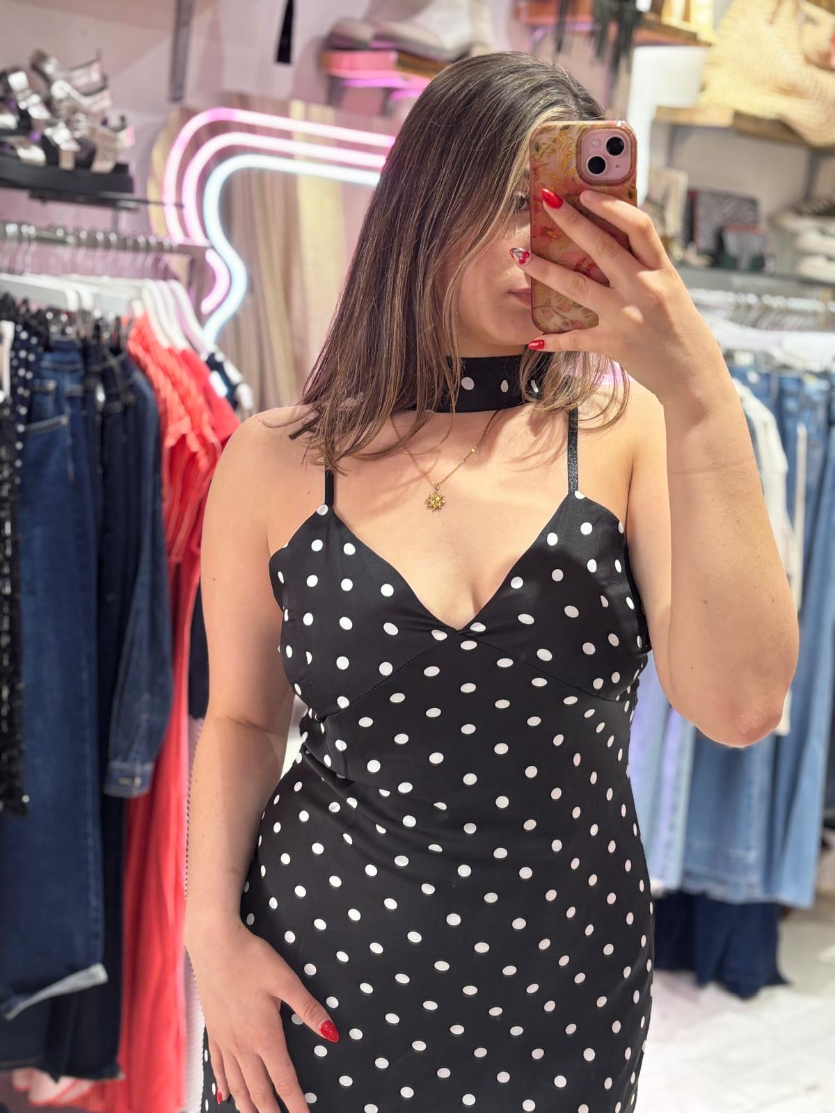 Polka Dot Silky Midi Dress | Black and White