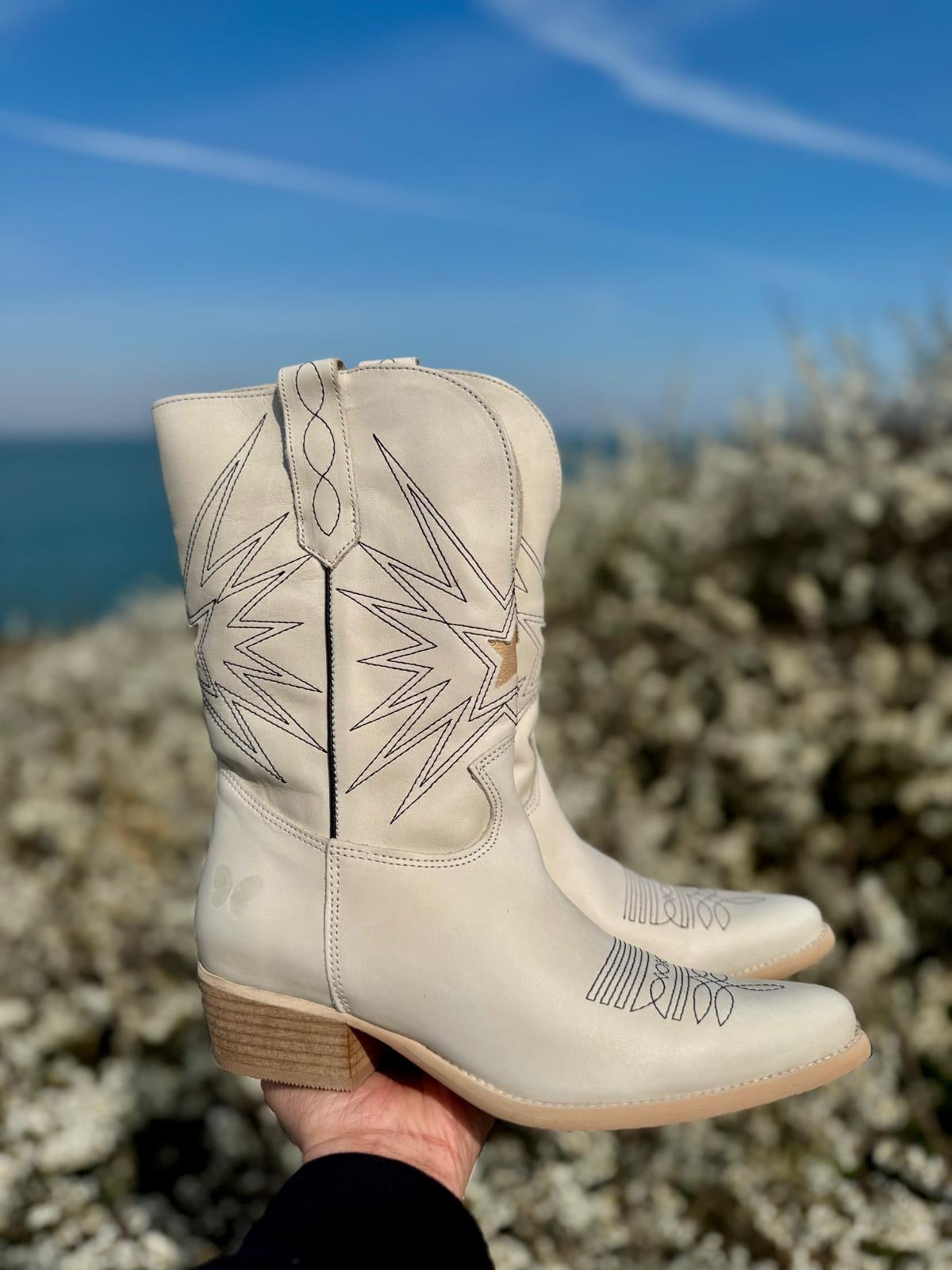 Felmini | Long Leather Cowboy Boot | Cream/Gold