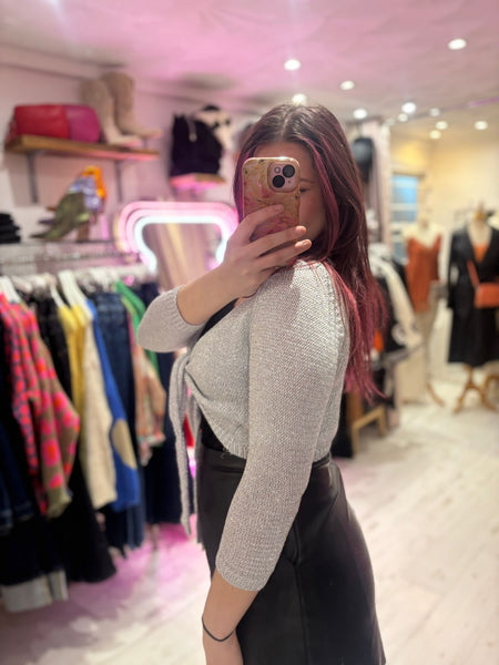 Metallic Knit Tie Front Cardigan | Silver