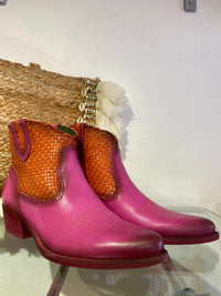 Felmini | Two Tone Leather Ankle Cowboy Boot | Pink/Orange