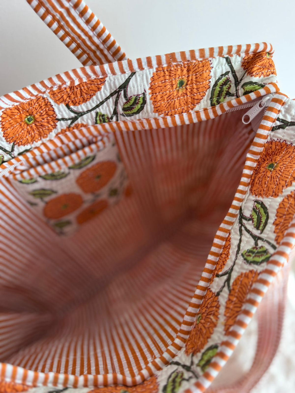 Boho Cotton Quilted Large Tote Bag | Orange Floral