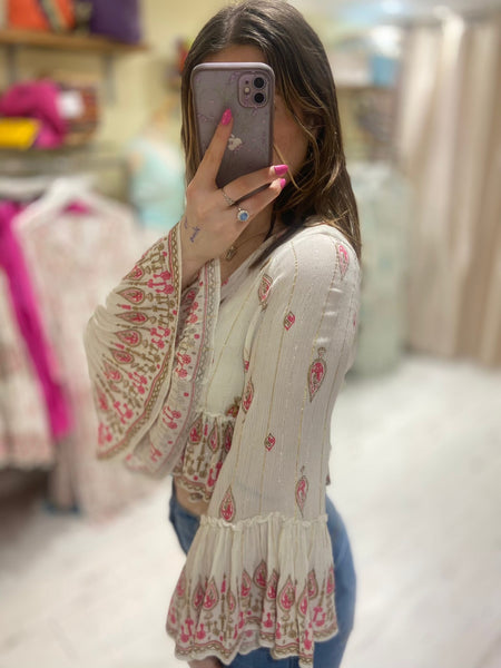 Ophelia Boho Embellished Wrap Top | Pink/White