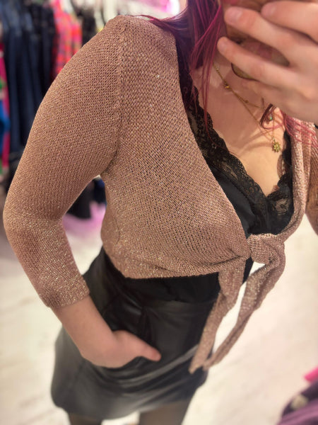 Metallic Knit Tie Front Cardigan | Rose Gold
