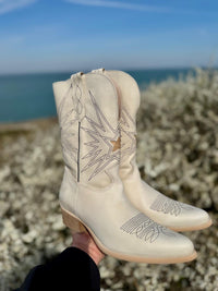 Felmini | Long Leather Cowboy Boot | Cream/Gold