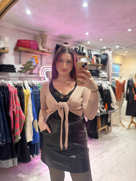 Metallic Knit Tie Front Cardigan | Rose Gold