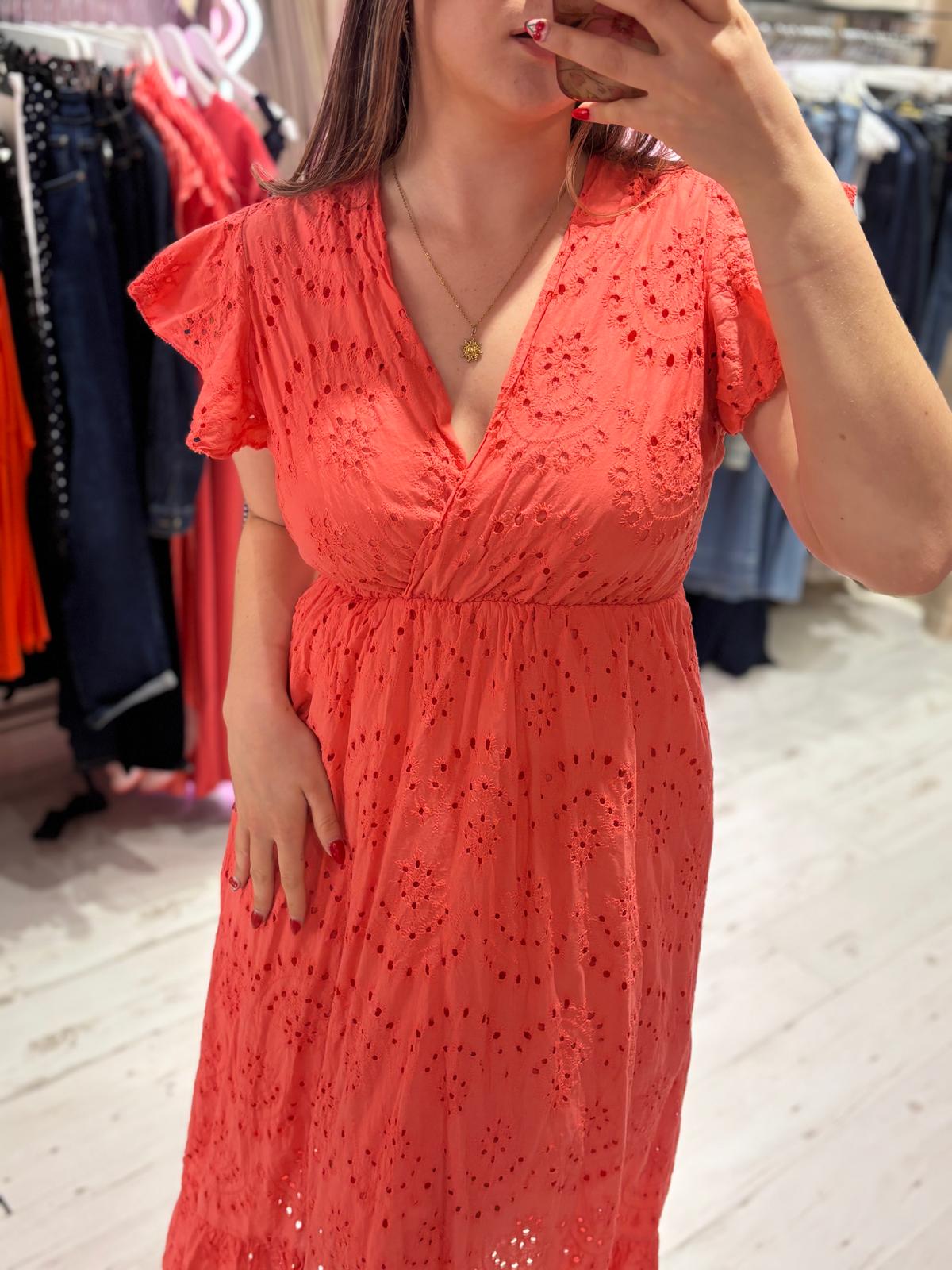 Broderie Anglaise Cotton Midaxi Dress | Coral