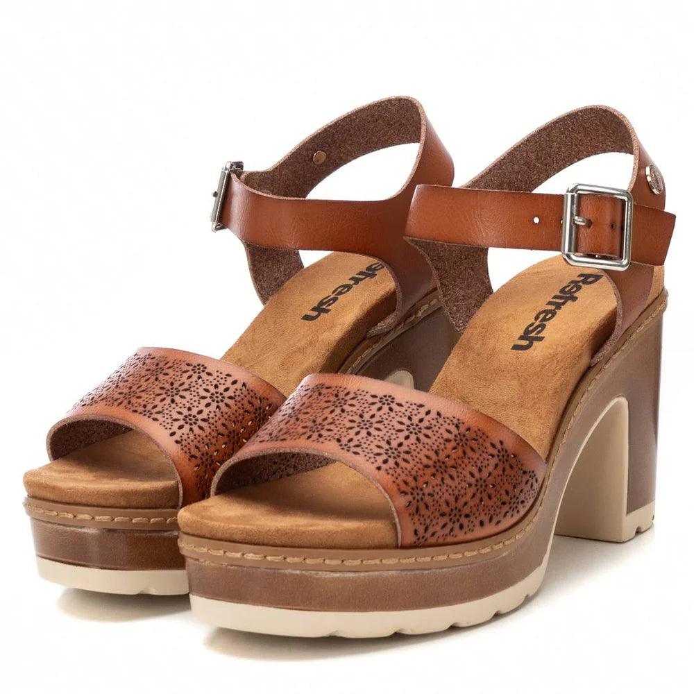 VEGAN Floral Retro Platform Heeled Sandal | 172781 | Camel