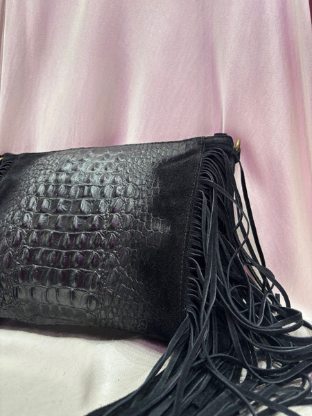 Leather Croc Detail Suede Tassel Crossbody Bag | Black