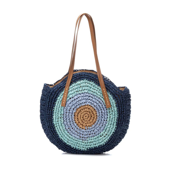 VEGAN Round Raffia Bag | Blue Multi