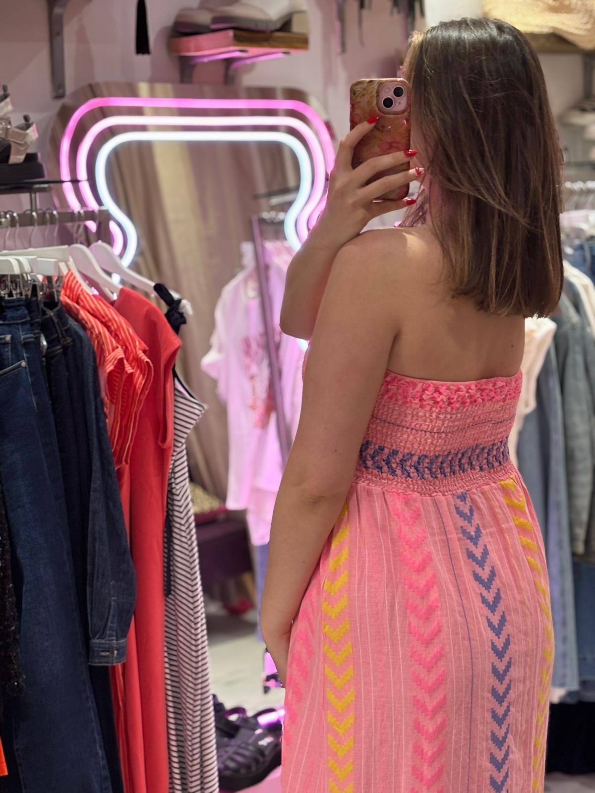 Geometric Print Boho Bandeau Dress | Coral Multi