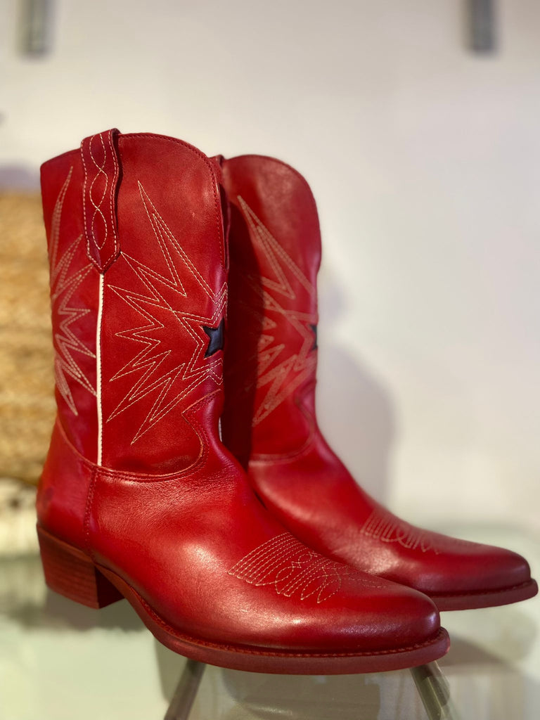 Red long leather boots sales