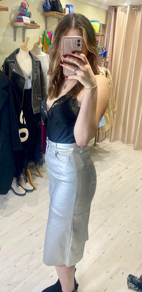 Metallic Stretch Denim Midi Skirt (Shorter Length) | Silver