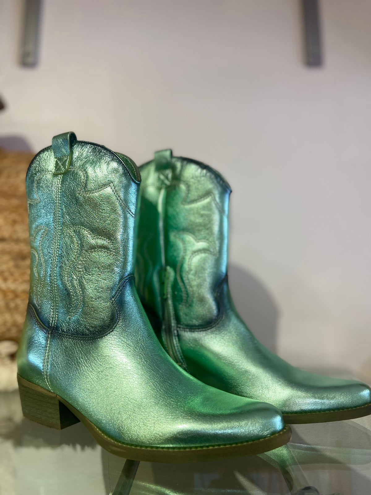 Felmini | Long Metallic Leather Cowboy Boot | Aqua