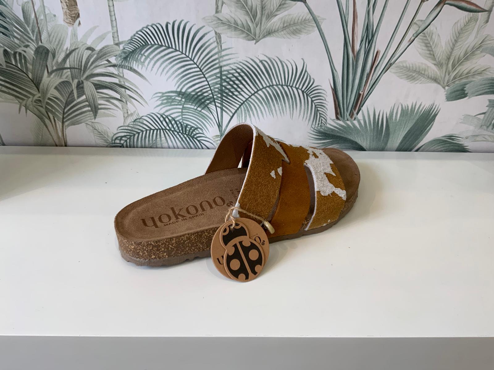 Yokono | JERBA-116 | Cow Print Slip On Sandal | Tan