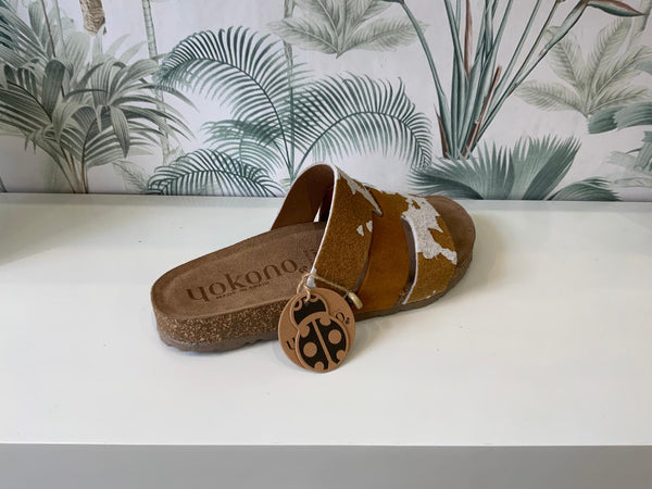 Yokono | JERBA-116 | Cow Print Slip On Sandal | Tan