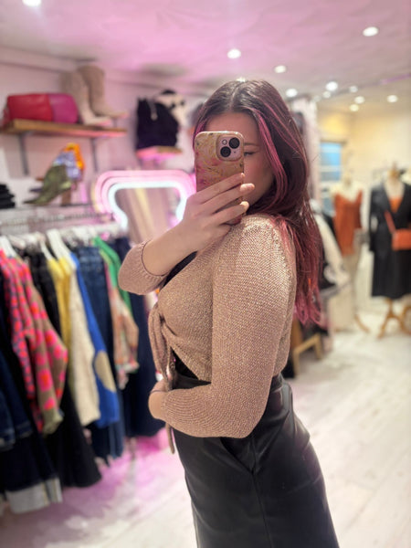 Metallic Knit Tie Front Cardigan | Rose Gold