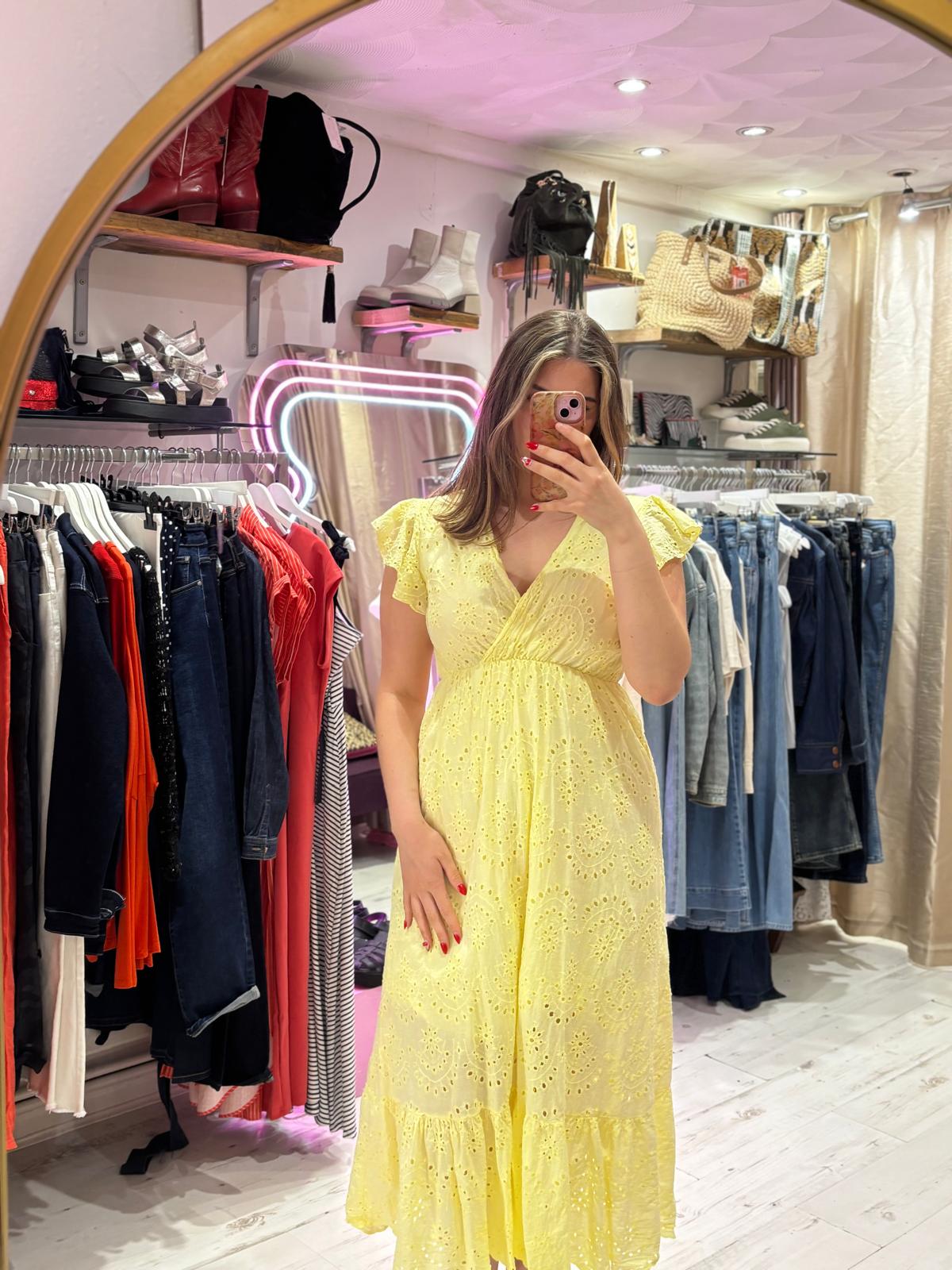 Broderie Anglaise Cotton Midaxi Dress | Yellow