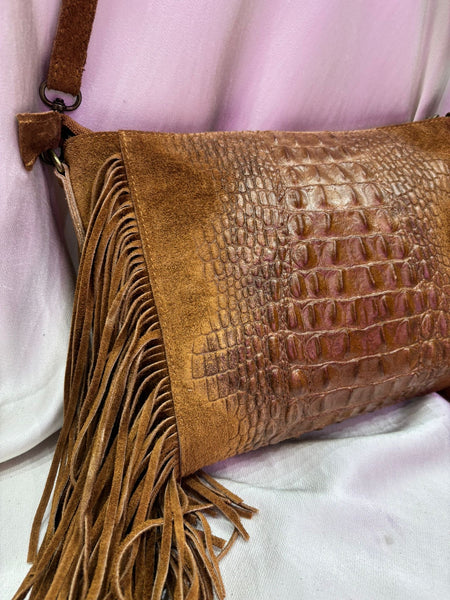 Leather Croc Detail Suede Tassel Crossbody Bag | Tan
