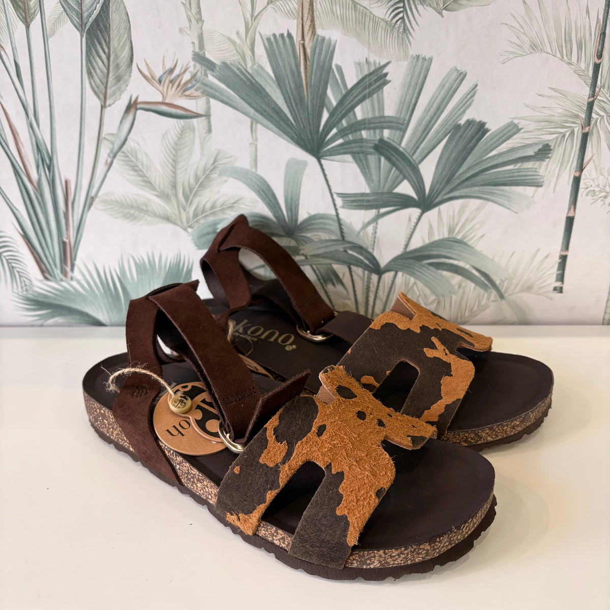 Yokono | JERBA-262 | Cow Print Flat Sandals with Ankle Strap | Beige/Brown