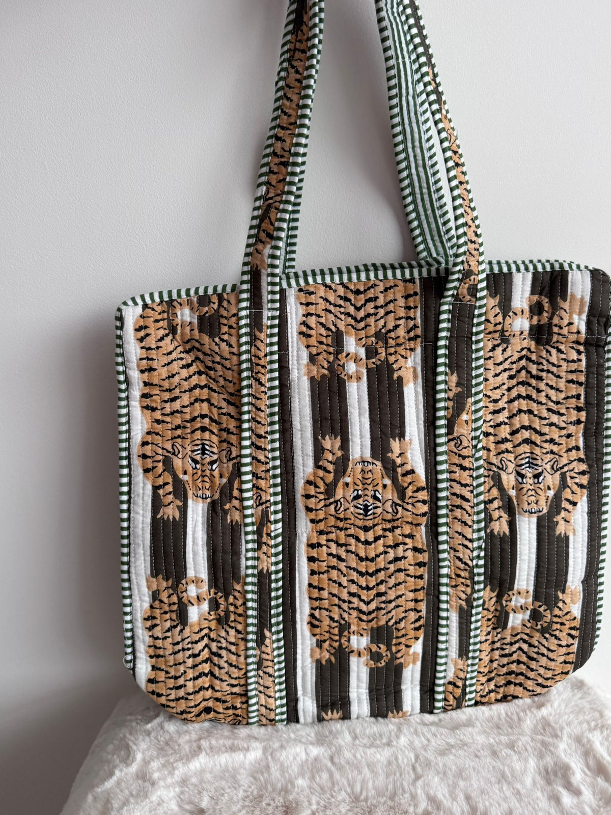 Boho Cotton Quilted Large Tote Bag | Tiger Stripes Olive
