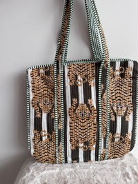 Boho Cotton Quilted Large Tote Bag | Tiger Stripes Olive