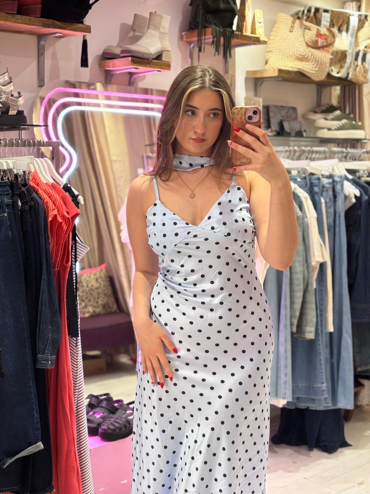 Polka Dot Silky Midi Dress | Pale Blue