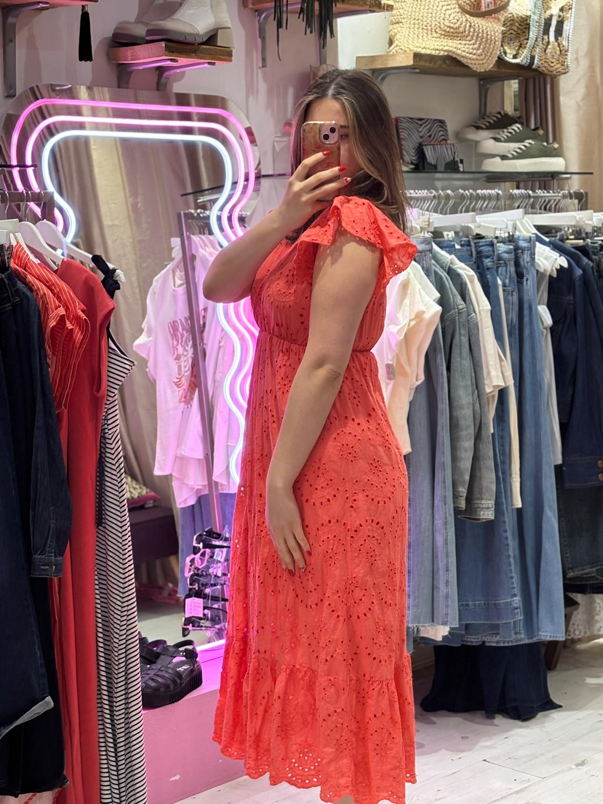Broderie Anglaise Cotton Midaxi Dress | Coral