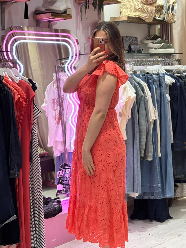 Broderie Anglaise Cotton Midaxi Dress | Coral