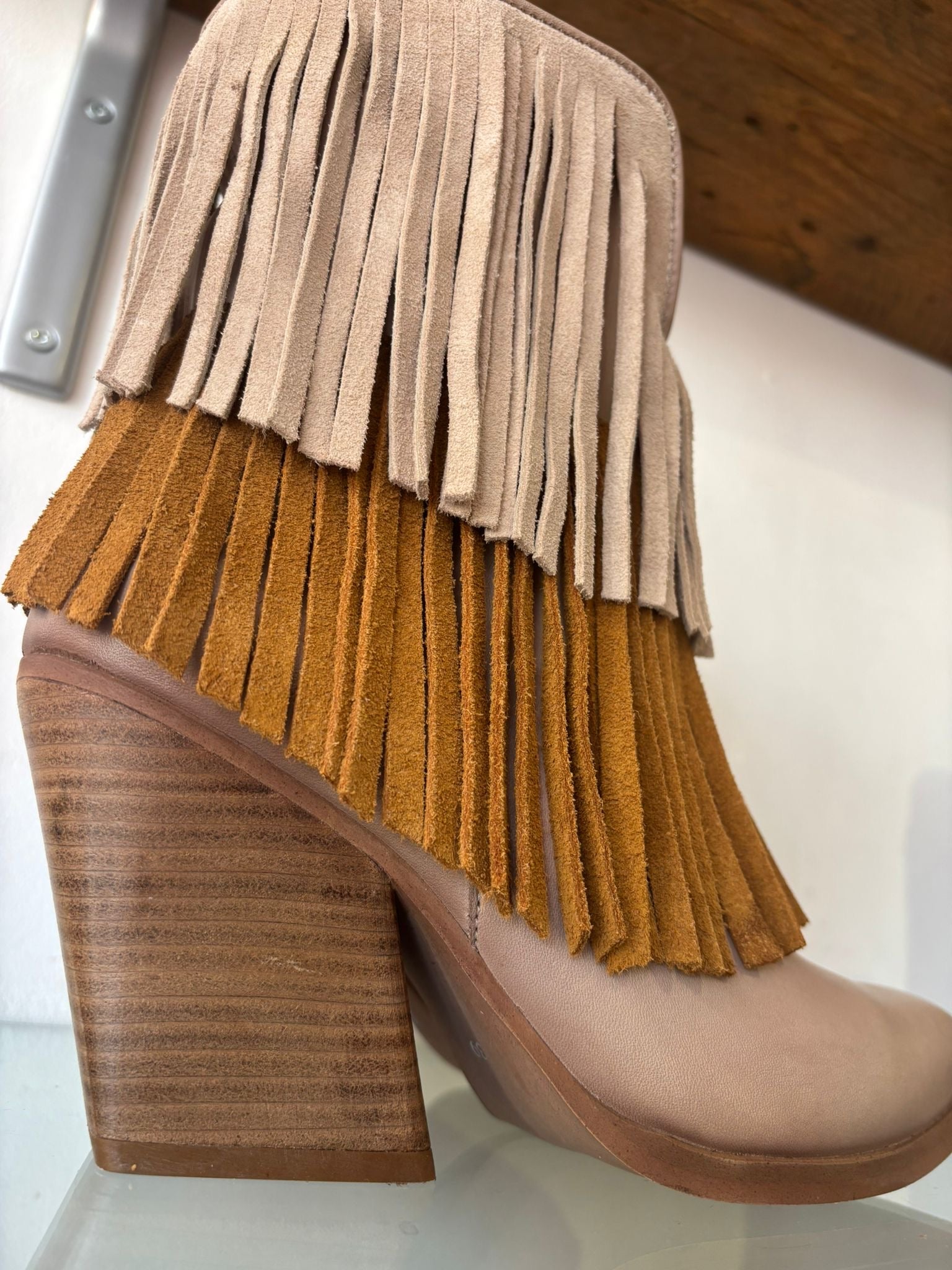 Felmini | Leather and Suede Fringed Heeled Cowboy Boot | Moonlight/Sand