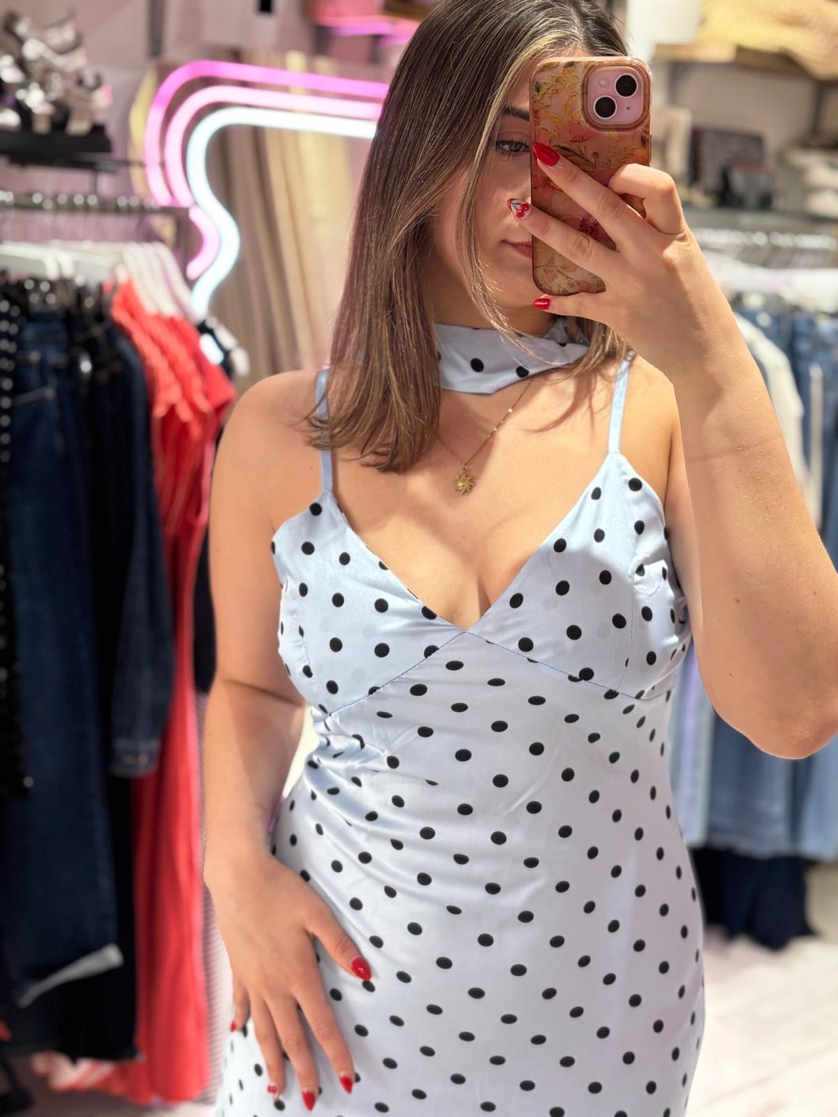 Polka Dot Silky Midi Dress | Pale Blue