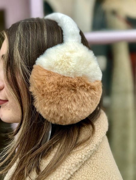Two-Tone Fluffy Faux Fur Earmuffs | Cream/Caramel
