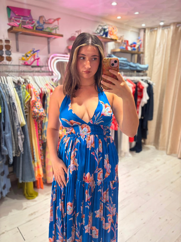 Hanna Halter Maxi Dress | Electric Blue Floral Print