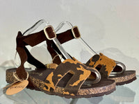 Yokono | JERBA-262 | Cow Print Flat Sandals with Ankle Strap | Beige/Brown