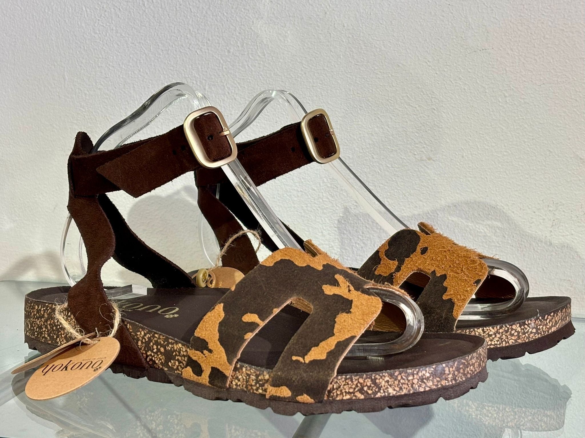 Yokono | JERBA-262 | Cow Print Flat Sandals with Ankle Strap | Beige/Brown